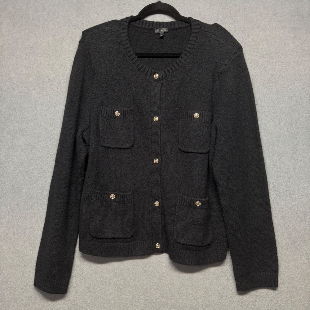 Talbots Cardigan Sweater Lady Jacket Black Knit Gold Button Size XL Preppy